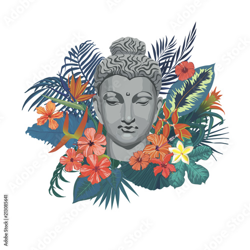 Vector illustration with Buddha head, flowers, leaves