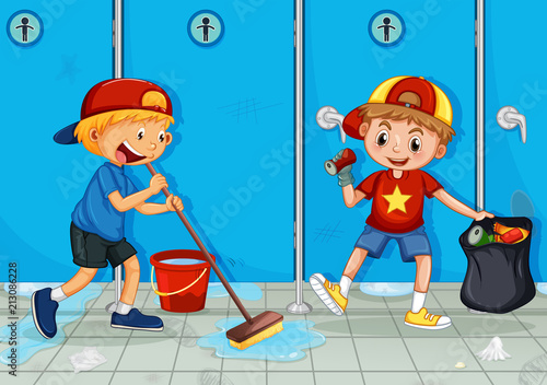Two Kids Help Cleaning Toilet