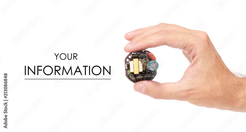 Circuit board lamp in hand pattern on white background isolation