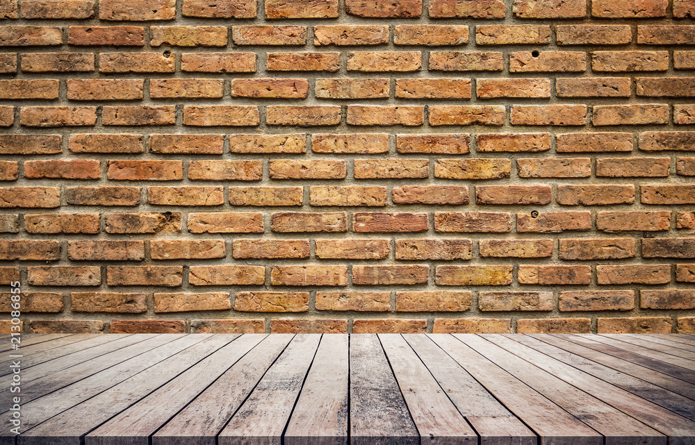 Old wood plank with abstract old brick wall background for product display