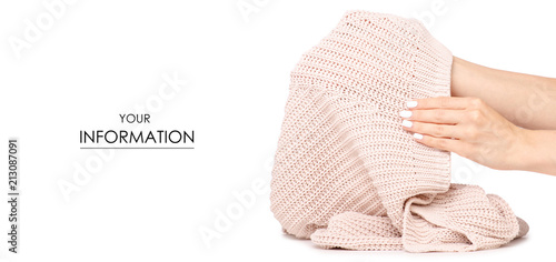 Female beige sweater in hand pattern on white background isolation