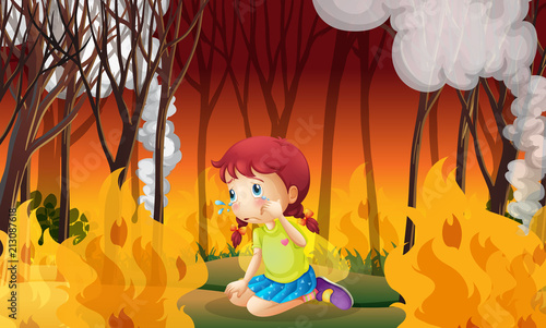 A Girl Crying in Wildfire Forest