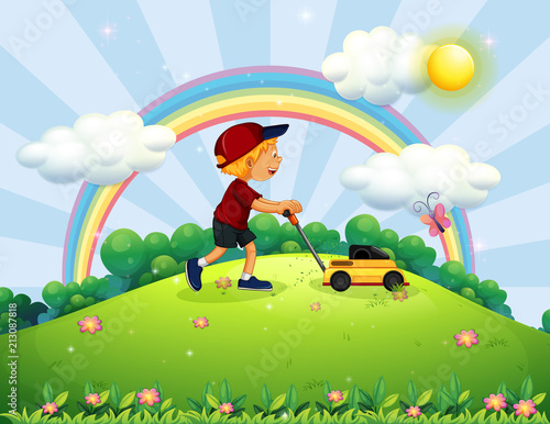 Boy pushing Lawn Mower the Garden