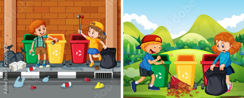 A Set of Children Cleaning Public Area