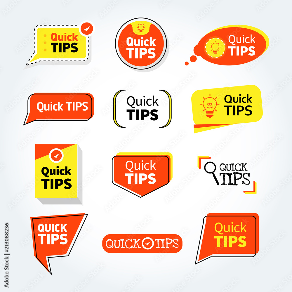 Fototapeta premium Quick tips mega set, helpful tricks vector logos, emblems and banners vector set isolated. Helpful idea, solution and trick illustration
