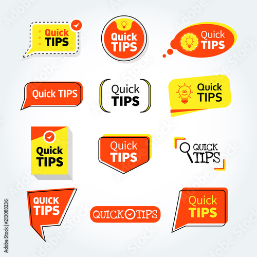Quick tips mega set, helpful tricks vector logos, emblems and banners vector set isolated. Helpful idea, solution and trick illustration