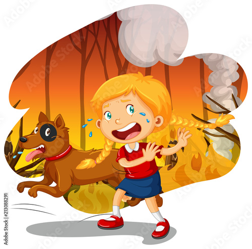 A Girl and Dog in Wildfire Forest