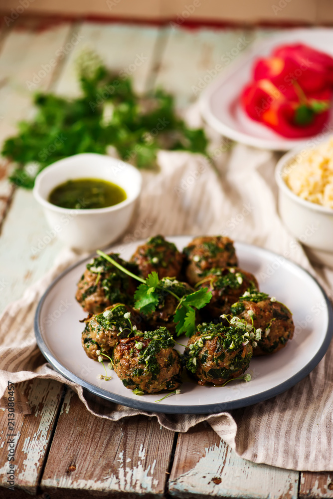 Chimichurri Whole Meatballs with Swiss Chard.