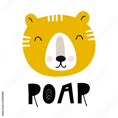 Roar - Cute hand drawn nursery poster with cartoon tiger and lettering in scandinavian style.