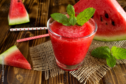 Smoothies from watermelon on the rustic  wooden background