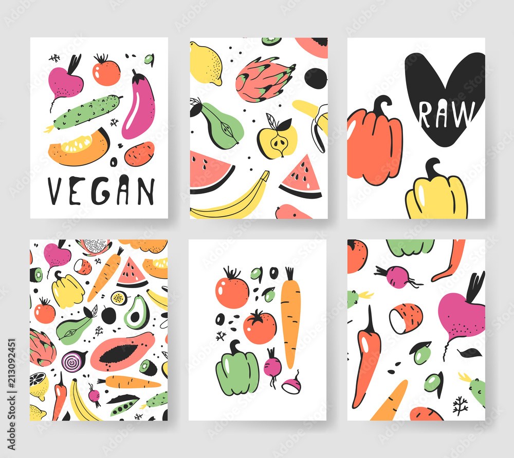 Hand drawn set of cards with fruits and vegetables. Vector artistic illustration food. Vegan drawing beetroot, cucumber, eggplant, tomato, potato, pepper, carrot, pear, apple, watermelon