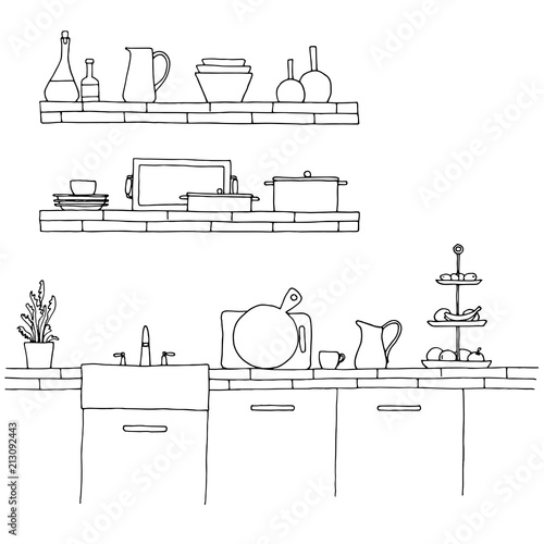 Kitchen worktop with sink. The sketch of the kitchen