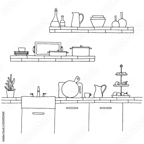 Kitchen worktop with sink. The sketch of the kitchen