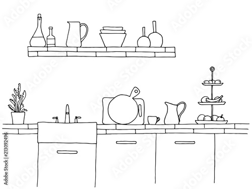 Kitchen worktop with sink. The sketch of the kitchen