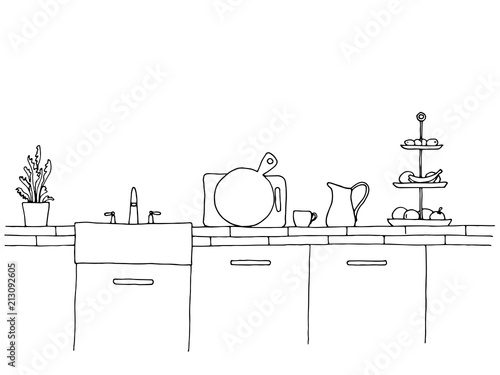 Kitchen worktop with sink. The sketch of the kitchen.