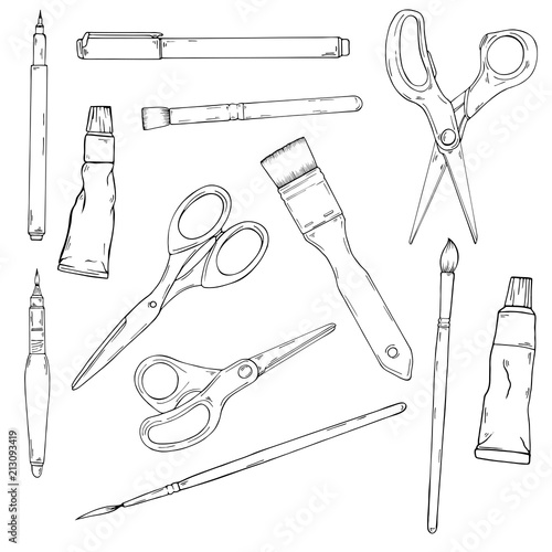 Set of art supplies. Brush, pen, pencil, liner, scissors isolated on white background. Hand drawn vector illustration.