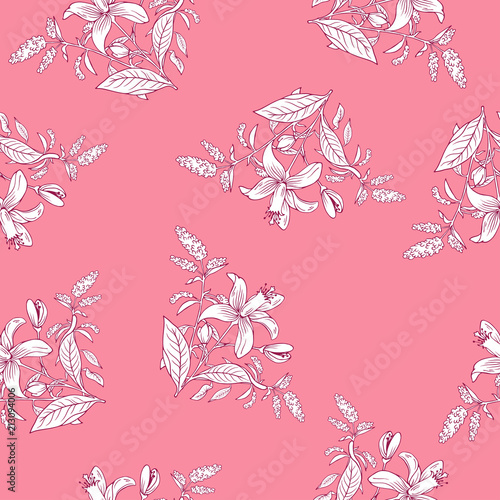 Seamless pattern with white flower bouquets on pink background. Hand drawn vector illustration.