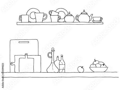 Sketch of shelves with different utensils. Vector illustration.