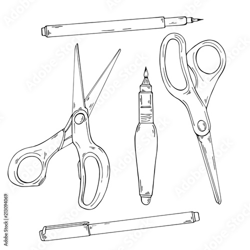 Set of art supplies. Brush, pen, pencil, liner, scissors isolated on white background. Hand drawn vector illustration.