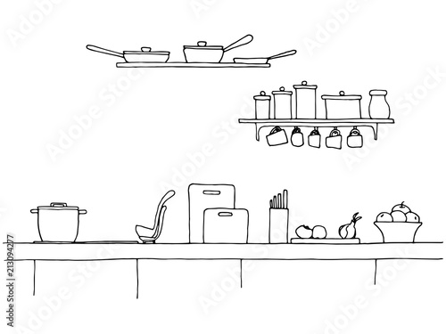 Kitchen worktop. Table top in the kitchen. Vector illustration in sketch style