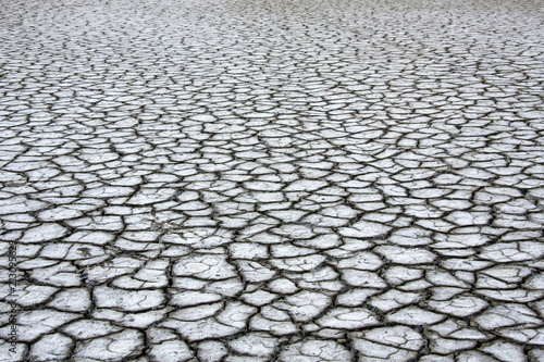 Dry gray ground with cracks covered with salt