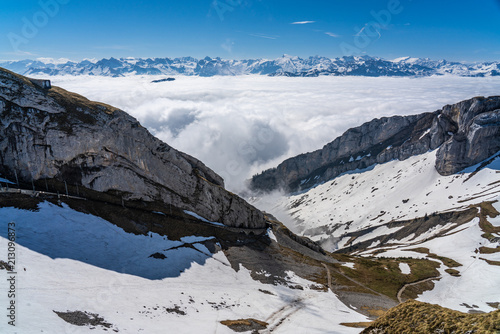Pilatus mount  surround view  snow alps and fog