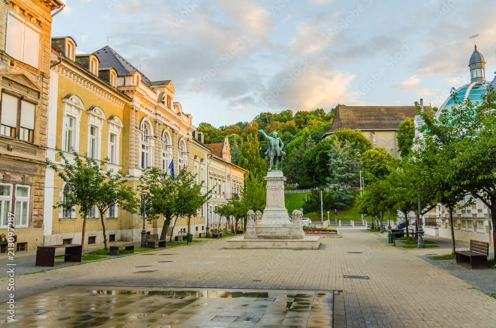 Elisabeth Square in the historic city centre of Miskolc with a statue of Lajos Kossuth