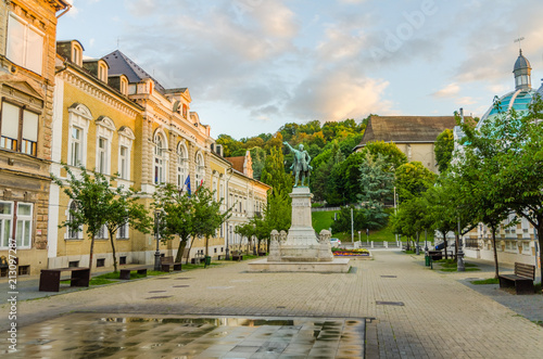 Elisabeth Square in the historic city centre of Miskolc with a statue of Lajos Kossuth