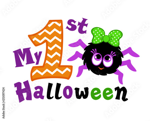 My first Halloween. Cheerful spider girl smiling. Vector illustration isolated on white background.