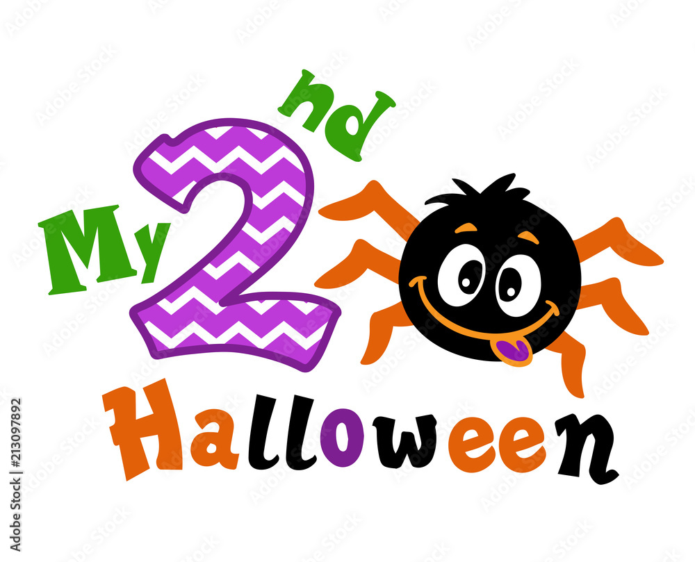 My second Halloween. Cheerful spider shows tongue. Vector illustration isolated on white background. My second Halloween. Cheerful spider shows tongue. Vector illustration isolated on white background.