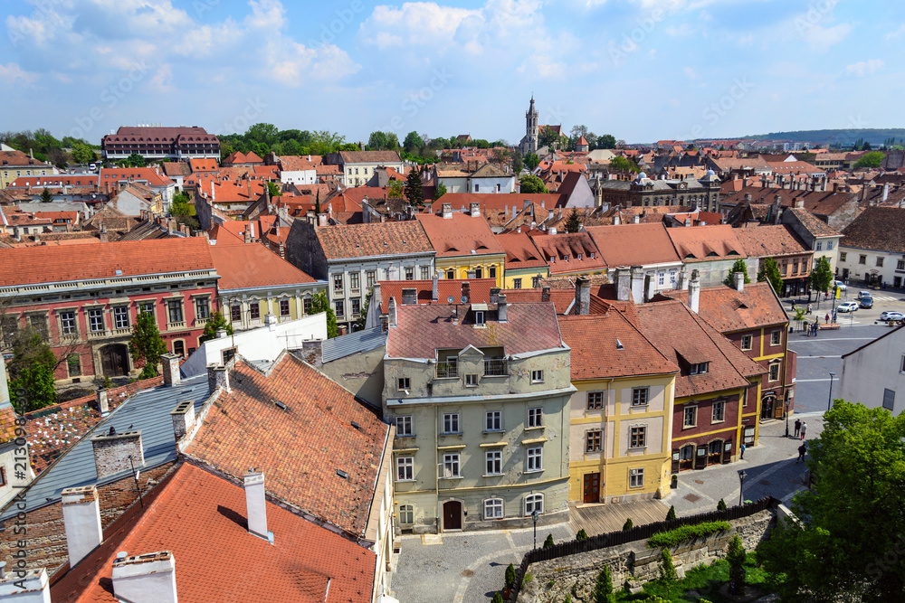 Historical buildings of the old town seen from the Firewatch tower in Sopron, Hungary. Sopron skyline.