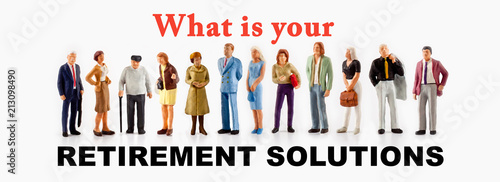 A group of different age people are standing in front of a billboard with a question message about retirement solutions