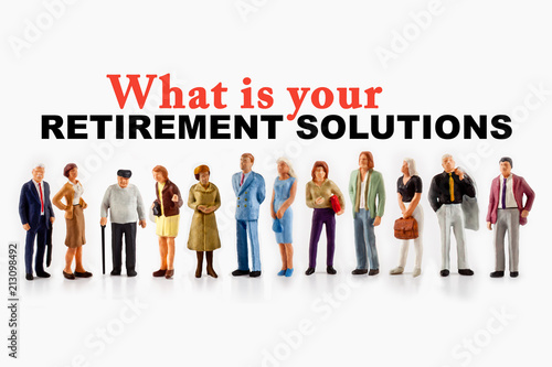 A group of different age people are standing in front of a billboard with a question message about retirement solutions