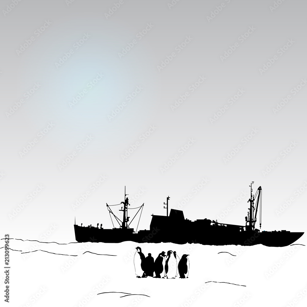 Fototapeta premium Antarctica illustration with penguins and science ship