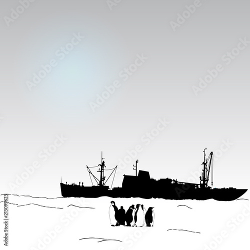 Antarctica illustration with penguins and science ship © irina