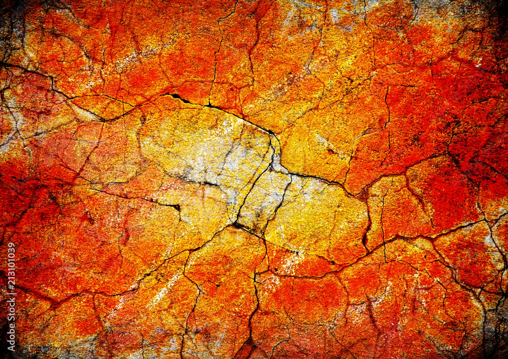 Art background, grunge concrete wall with cracks in orange color Art background, grunge concrete wall with cracks in orange color