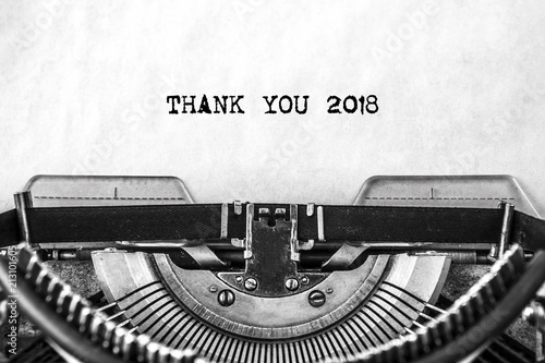 THANK YOU 2018, the text is typed in a vintage typewriter. Old paper, close-up.
