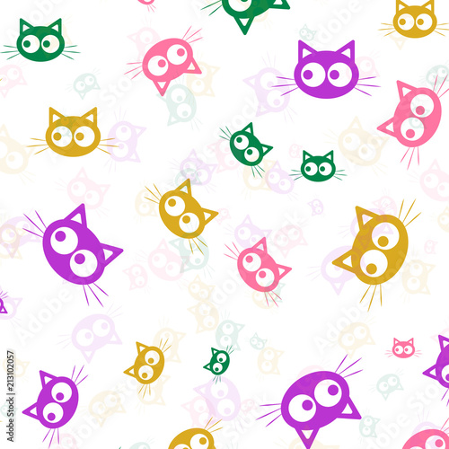 Animal silhouette. Wallpaper and fabric design and decor. Vector illustration. Pattern of olorful Heads of Cats on White Background. photo