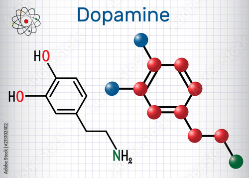 Dopamine ( DA) molecule. Structural chemical formula and molecule model. Sheet of paper in a cage