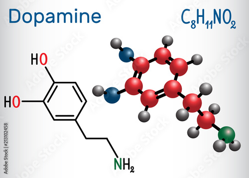 Dopamine ( DA) molecule. Structural chemical formula and molecule model