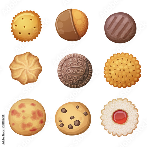 Round cookies set. Top view pastry illustration. Cartoon vector icons isolated on white background