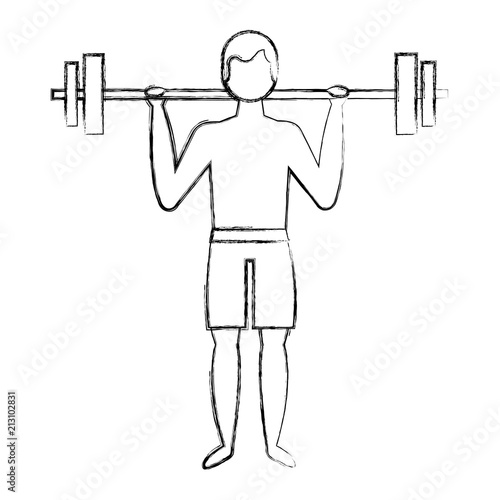 bodybuilder man in short swimsuit lifting barbell