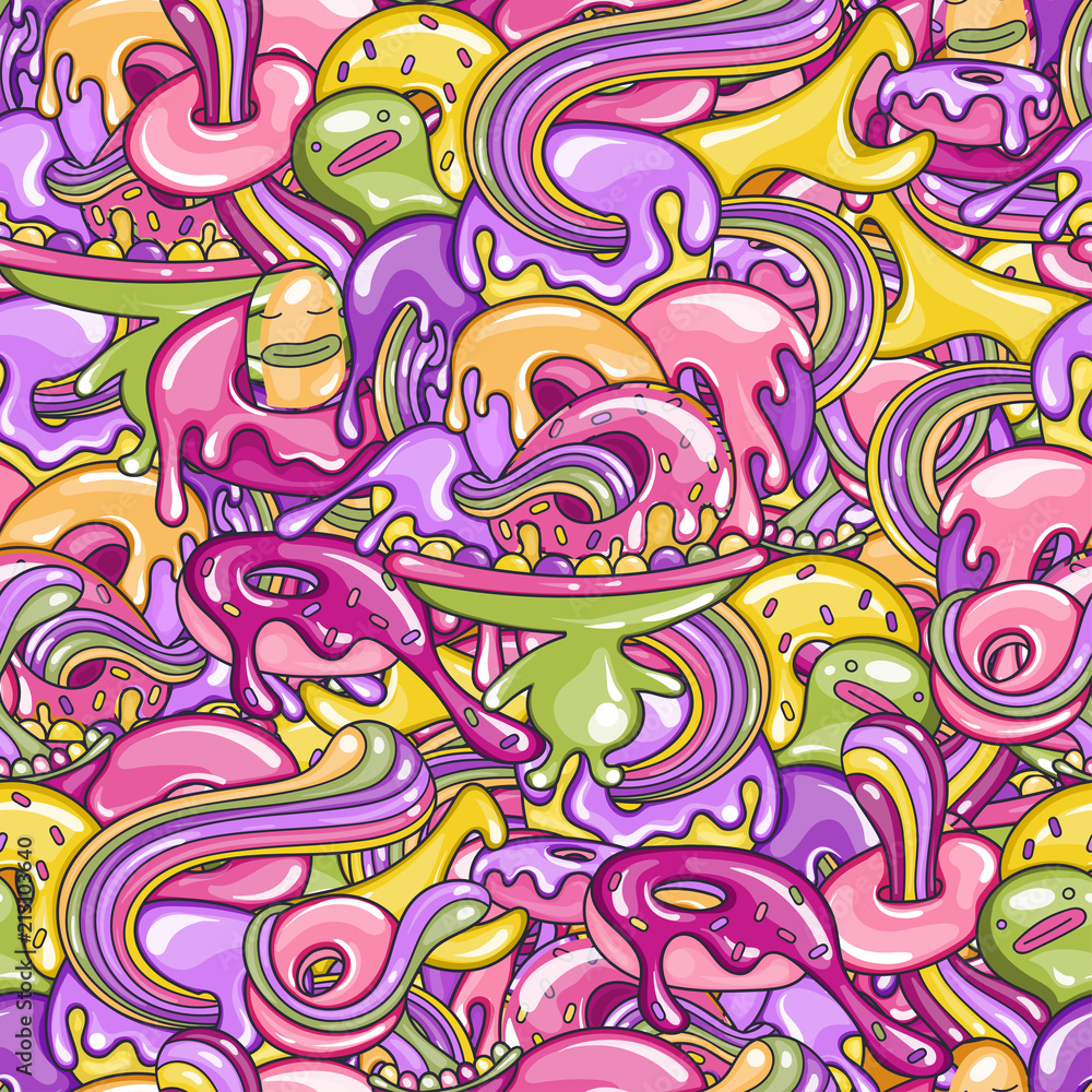 Colorful seamless pattern with doodles monsters eating donut. Lots of donuts in the mouth of cute little man with big head. Bright colors with highlights. Vector background.