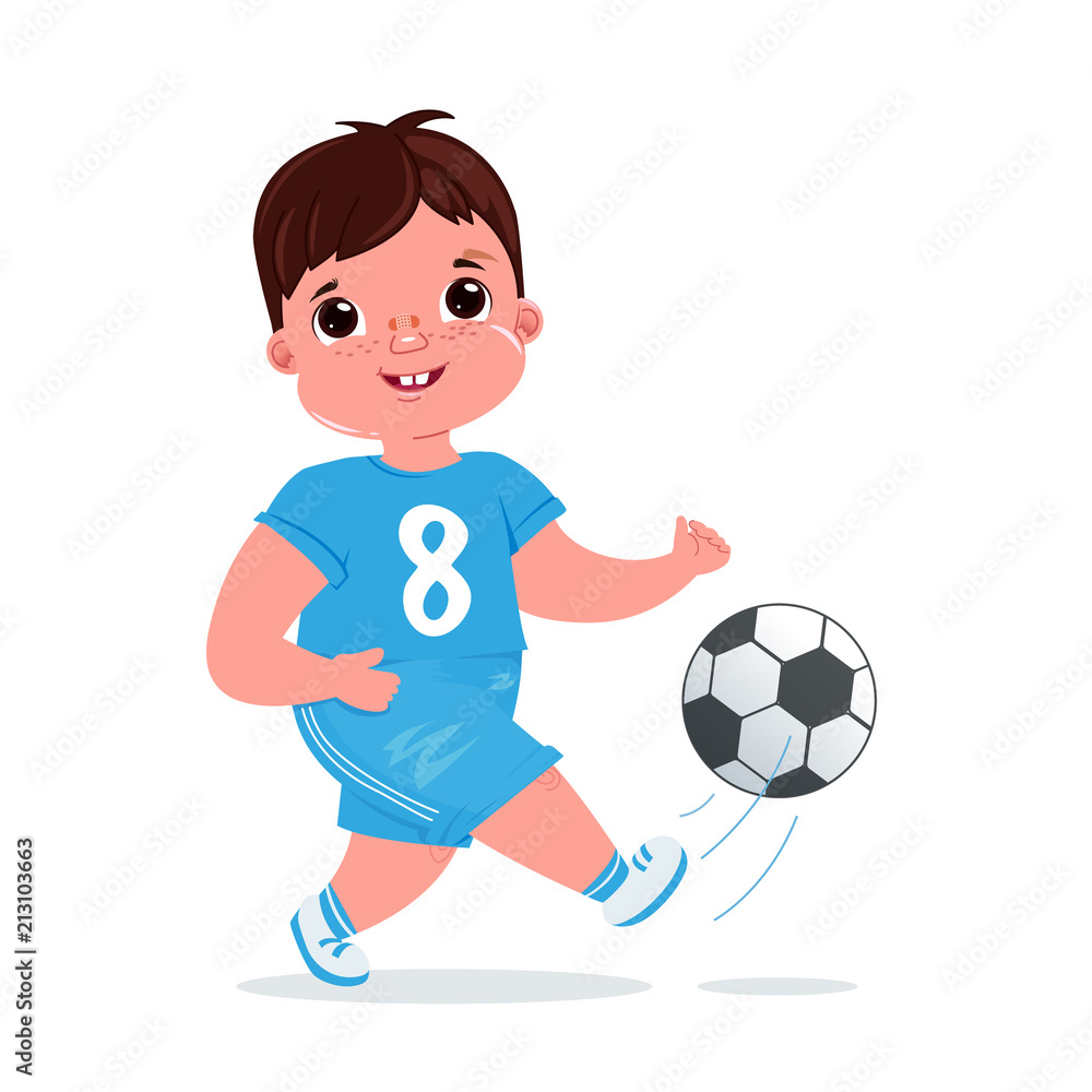 Cute baby boy playing  football with a soccer ball. Player's team modern uniform. Healthy activities