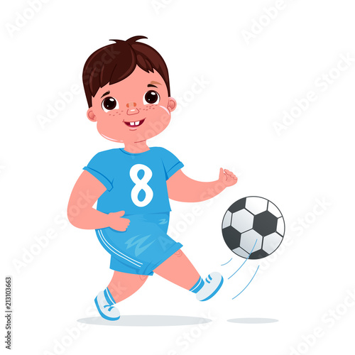 Cute baby boy playing  football with a soccer ball. Player s team modern uniform. Healthy activities