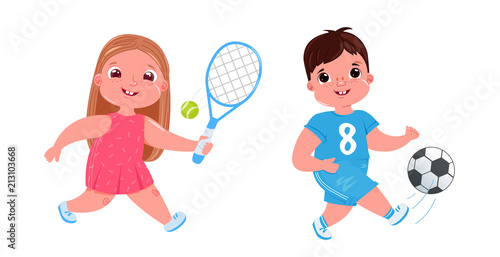 Cute baby boy playing  football with a soccer ball. Girl do tennis.  Healthy activities