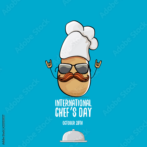 International chef day vector greeting card. vector funny cartoon tiny brown smiling chef potato with hat isolated on blue background.