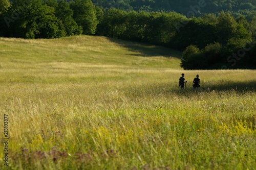 Loving couple romantic walk in the summer meadow in the countryside.