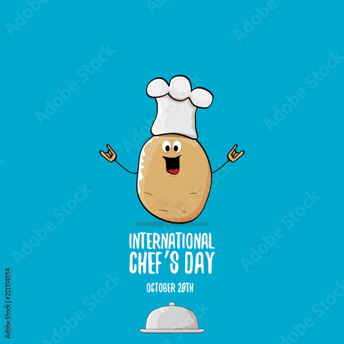 International chef day vector greeting card. vector funny cartoon tiny brown smiling chef potato with hat isolated on blue background.