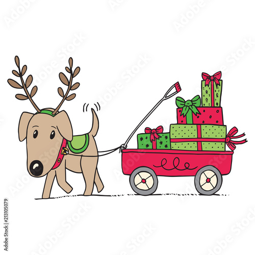 Dog in antlers pulls red wagon filled with Christmas presents